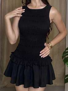 Andrea Bello 女士纯色麻花针织荷叶边下摆无袖迷你连衣裙 - 黑色 - 查看 3