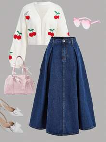 SHEIN Girlism Teen Girl Dark Blue Denim Pleated Mini Skirt,Fall Clothes, Autumn Clothes ,Casual And Fashionable Vacation Outfits Winter