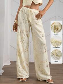 SHEIN LUNE 女士花卉亮片系带阔腿宽松时尚裤，适合秋季、冬季、万圣节、新年等场合，也可作为派对、婚礼宾客亮片裤、闪亮裤或金色裤子穿着。 - 杏色 - 查看 3