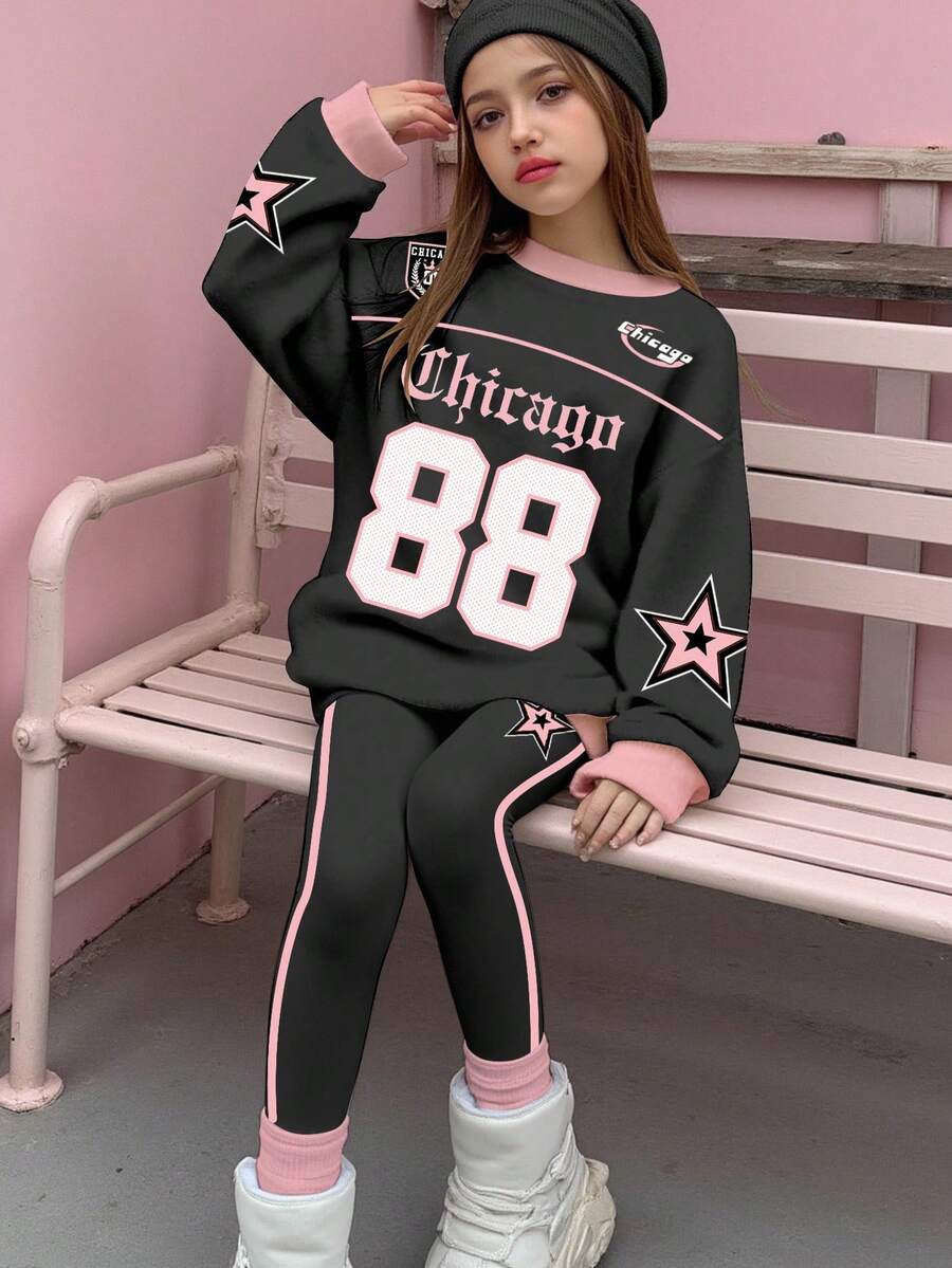 SHEIN Leap Crew 2pcs Tween Girl Casual Black Pink 88 Numeric Print Sweatshirt And Leggings Set,Back-To-School Fashion Sports Style School,Autumn Street Chic Clothes - Multicolor - View 1