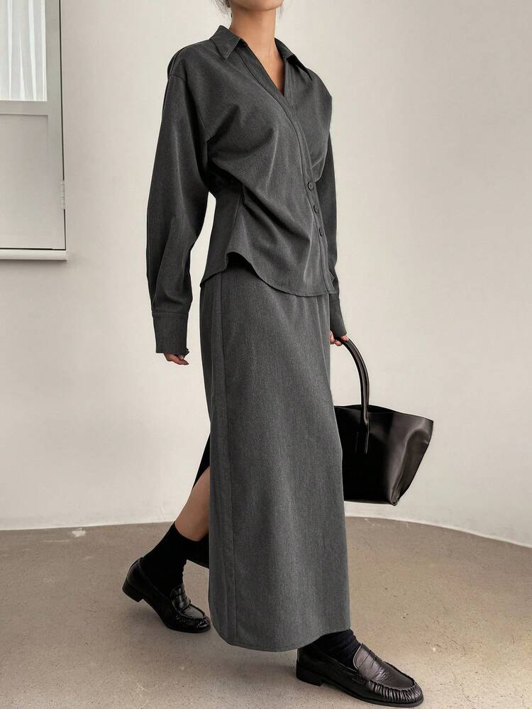 Solid Button Front Shirt & Split Hem Skirt