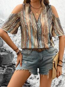 EMERY ROSE Vacation/Leisure Open Shoulder Front Zipper Shirt With Random Prints - Multicolor - View 3