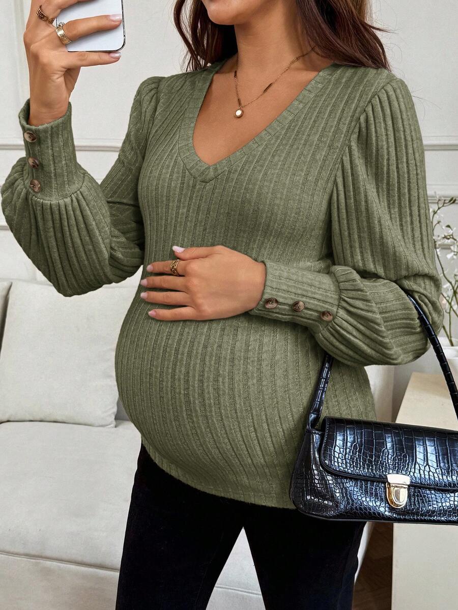 SHEIN Maternity Casual Solid Color Lantern Sleeve T-Shirt Green Long Sleeve Top Maternity Fall Olive Green Top - Army Green - View 1