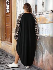 SHEIN CURVE+ Váy thun tay raglan họa tiết da báo cỡ lớn viền cong cho nữ/Mùa thu/Mùa đông - Nhiều màu - Xem 2