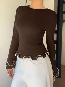 Siren Gaze Elegant Commuter Colorblock Ruffle Trim Fitted Women T-Shirt Winter Brown