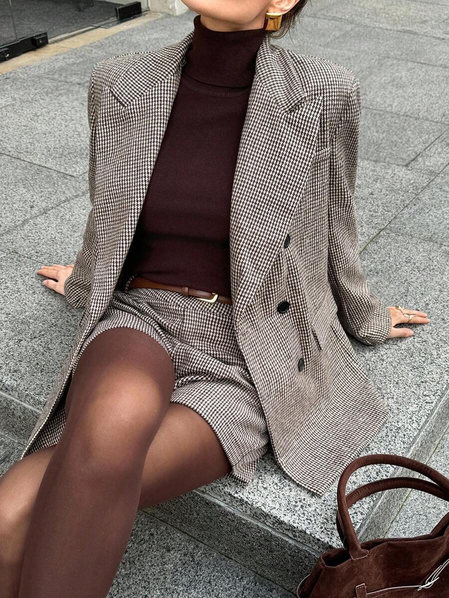 Lavishia Wide Shoulder Blazer Jacket And Short Plaid English Retro Commuter Coat, Autumn/Winter Women's Winter Coat Fall Clothes Elegant Plaid  Brown - Multicolor - View 1