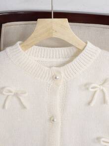 SHEIN 少女休闲通勤纯色蝴蝶结和仿珍珠装饰开衫，秋冬款