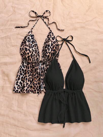 Soleia 2 Stücke Urlaubs Sexy Leoparden Muster Träger V-Ausschnitt Rückenfrei Strukturiertes Camisole, geeignet für Urlaub, Date, Nachmittagstee, Urlaub, Musikfestival, Boho