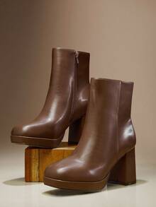 SHUZIA 女式方头粗跟拉链踝靴 - 巧克力棕 - 查看 1