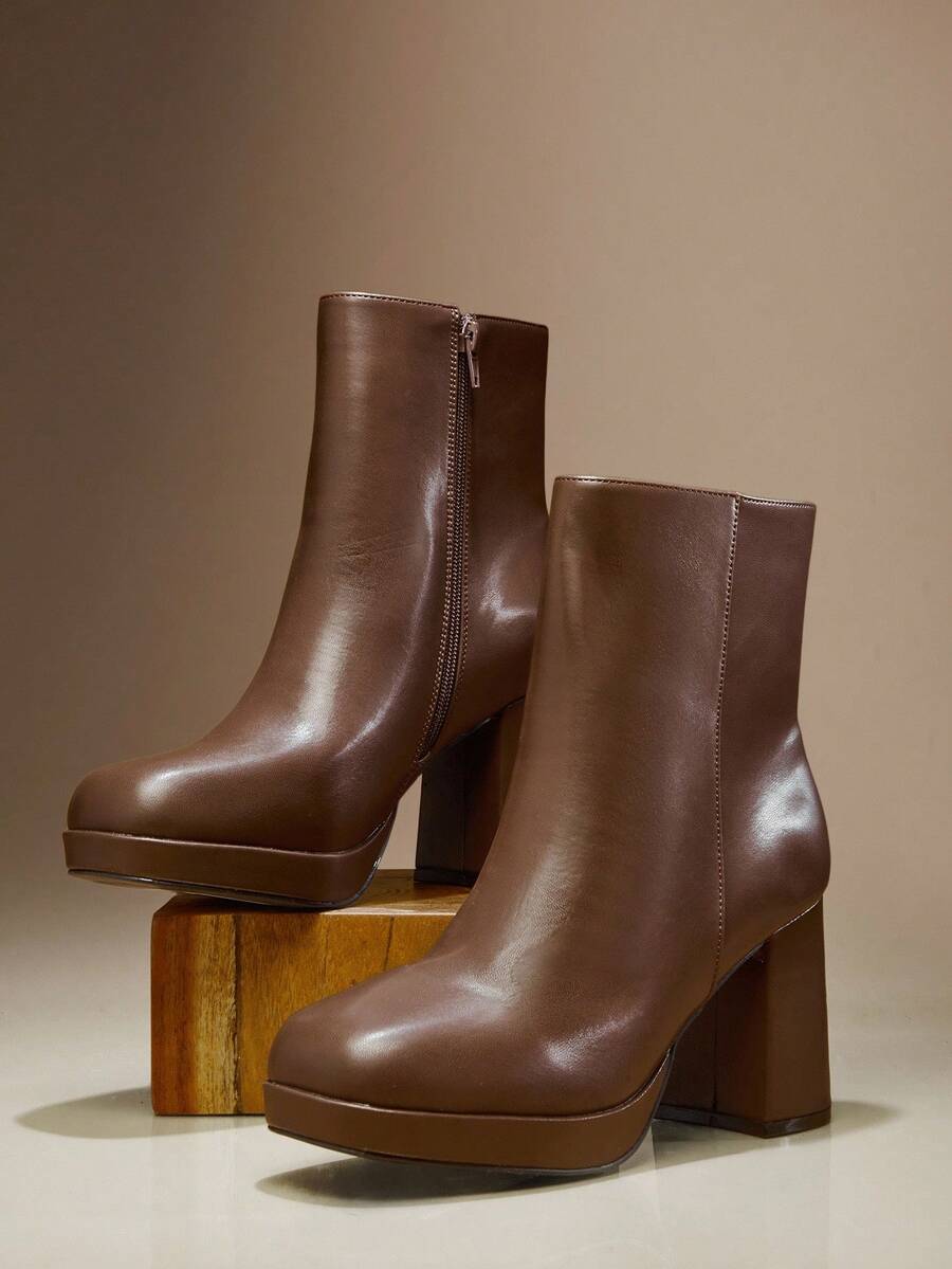 SHUZIA 女式方头粗跟拉链踝靴 - 巧克力棕 - 查看 1