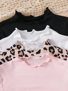 SHEIN LMoss Kids Conjunto de 4 piezas de camiseta de punto con cuello alto y ribete de lechuga para niña joven LMoss, versátil, excelente para uso casual diario y escolar en otoño e invierno - Multicolor - Ver 5