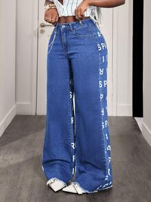 BamGleam Jeans de pierna ancha de moda para mujer con estampado de letras y color contrastante - Azul lavado medio - Ver 7