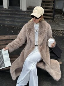 Elyressa Women's Faux Fur Collar Long Coat Jacket - Brown - View 8
