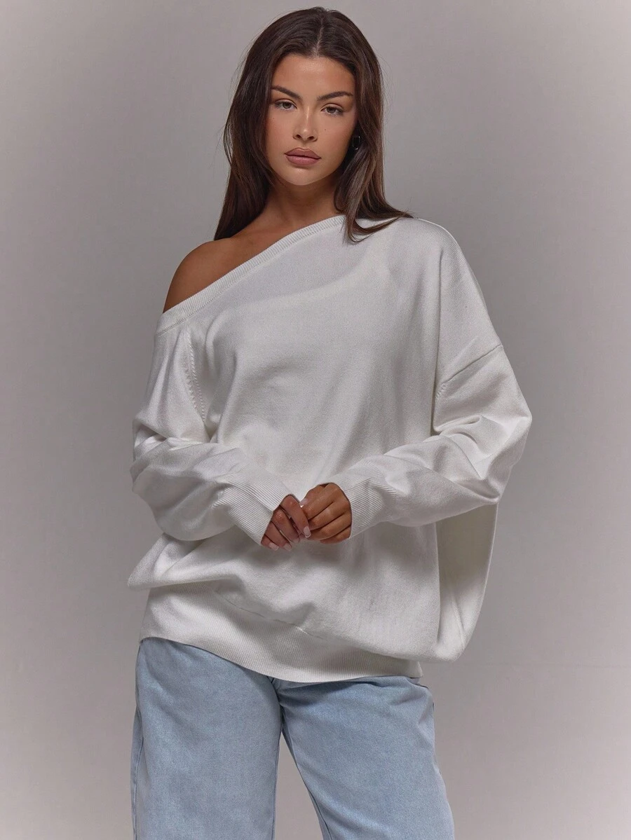 MUSERA Loose Fit Asymmetrical Neck Sweatshirt Casual Occasion Sexy Going Out Night Out Winter Cute Date Night Cosy Evening - Apricot - View 1