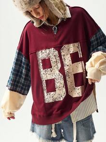Bohemela Áo sweatshirt dáng rộng, phối màu tương phản, vai rớt, kiểu dáng thường ngày, có họa tiết chữ, thích hợp cho nữ, mùa thu đông, màu đỏ. - Màu Đỏ Sâu - Xem 1