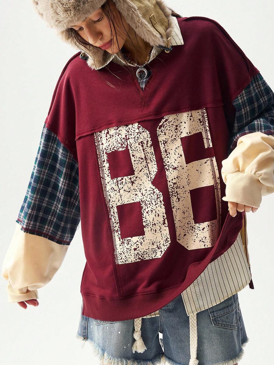 Bohemela Áo sweatshirt dáng rộng, phối màu tương phản, vai rớt, kiểu dáng thường ngày, có họa tiết chữ, thích hợp cho nữ, mùa thu đông, màu đỏ. - Màu Đỏ Sâu - Xem 1