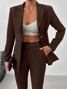 EURMUSE Women's Simple Solid Color Lapel Collar Blazer And Belted Suit Pants Set, Suitable For Work And Commute - Brown - View 5