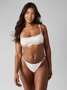 Missguided x Playboy 兔子印花丁字裤内裤松紧腰带罗纹面料低腰高腰三角裤 Y2K 时尚复古风格粉色图案 - 白色 - 查看 3