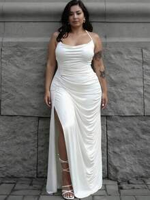 INAWLY Plus Size Sexy Plunging Neckline High Slit Backless Halter Maxi Dress - White - View 4