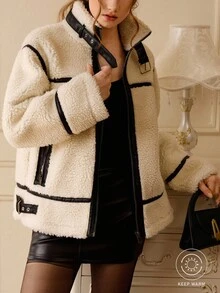 GENKIRA 复古时尚百搭拉链领修身仿羊毛撞色饰边休闲女式夹克外套 - 白色 - 查看 1