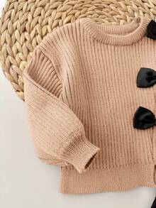 SHEIN 2pcs Baby Girl Cute Brown Bow Knit Sweater & Elastic Waist Bell-Bottom Pants Set, Autumn/Winter