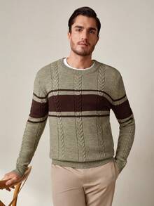 Manfinity Homme Men's Contrast Color Cable Pattern Crew Neck Long Sleeve Sweater, Autumn, Old Money - Multicolor - View 1