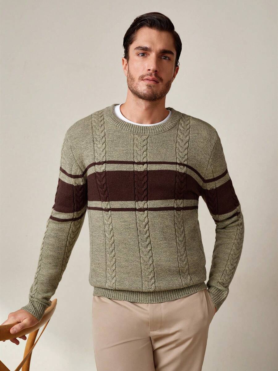 Manfinity Homme Men's Contrast Color Cable Pattern Crew Neck Long Sleeve Sweater, Autumn, Old Money - Multicolor - View 1