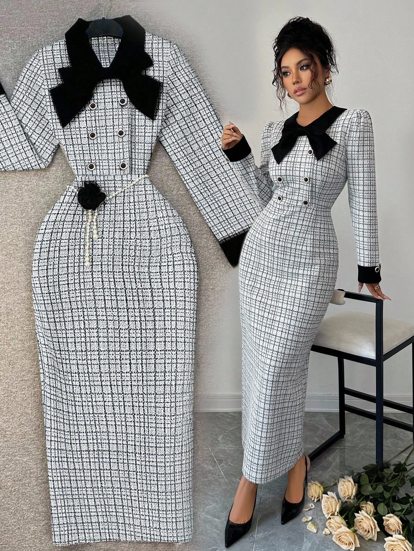 Elenzga فستان نسائي أنيق طويل الأكمام بنمط جاكارد...