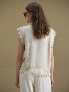 Ontre 2025年新款针织混纺无袖套头衫，杏色，宽松版型，流苏装饰，简约设计，休闲风格，商务休闲，复古气息，适合返校季 - 杏色 - 查看 3