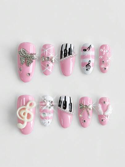 Anime 10pcs Cute Wing, Chain, Music Note, Star, Clover Element High Quality Handmade False Nails + 3pcs Double-Sided Adhesive, Y2K French Style Rhinestone Chain Polka Dot Removable Nail Art Stickers, Suitable For Holidays, Parties, Dancing And Daily Wear
