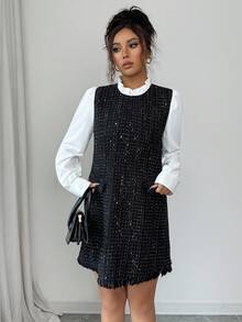Rafferiza Elegante abito nero corto con patchwork, di stile alla moda e minimalista, abito di alta gamma per donna per l'autunno/inverno - Multicolore - Visualizzare 5