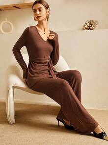 SHEIN Unity Damen braunes, lässiges, elegantes, weiches Fleece 2-teiliges Set Co-Ords, Neuheit für Herbst/Winter Frauen Neujahr Weihnachten Ausgehen Party Pendeln Anlass - Kaffeebraun - Übersicht 6