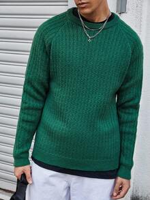 Manfinity CasualKnits 男士纯色圆领休闲百搭长袖套头毛衣，华夫格针织长袖绿色毛衣，秋冬款 - 綠色 - 查看 5