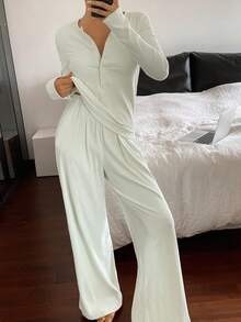 DAZY Women's Simple Solid Color Brushed Ribbed Fabric Pajama Set, Autumn/Winter, Cozy Outfit Fall Clothes - Green - View 6