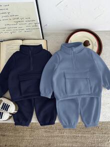 SHEIN 4pcs Baby Boys Casual Solid Color Thermal Lined Crew Neck Sweatshirt And Sweatpants Tracksuit Set, Warm For Autumn/Winter - Multicolor - View 8