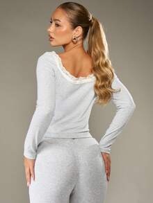 MISSGUIDED Cotton Ribbed Double Layer Square Neck Top With Delicate Lace Trim Long Sleeve Fitted Design Perfect For Layering Casual Wear Fall Winter Basics Collection - Grey - View 2