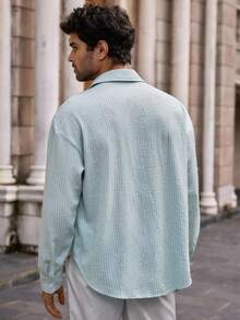 HIMLAND Men's Casual Striped Cargo Pocket Curved Hem Long Sleeve Shacket, For Fall, Winter - Baby Blue - View 2