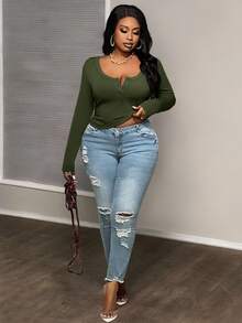 Slaydiva 大码女式基本款休闲秋冬圆领长袖紧身针织罗纹棕色上衣T恤 - 軍綠色 - 查看 6