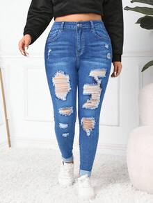 Firerie Plus Size Women High Waist Pockets Distressed Skinny Casual Versatile Jeans - Medium Wash - View 4