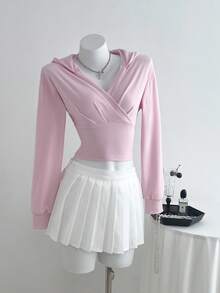 SHEIN Unity 女士深V领卫衣，褶皱腰设计，修身版型，长袖，可爱甜美美式风格，适合秋冬 - 粉色 - 查看 3