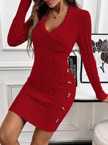 Glyssa Collared Knit Long Sleeve Comfortable Sweater Dress - Red - View 6