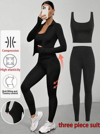 SHEIN Tall 3pcs Black Knit Women Sports Set, Tall Version With Extended Length, Suitable For Summer & Autumn,Fall Clothes For Women,Chic Women's Athletic Set ,Elegant,Civil Wedding,Wedding Guest , Party,Home, Leisure, Comfort Upgrade,Sporty, Multifunctional