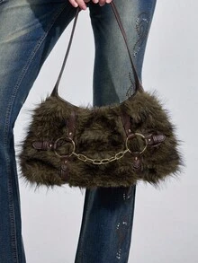 ROMWE Grunge Punk Y2K 仿皮草链条单肩包，朋克哥特式蓬松流浪包，街头风格手提包 - 咖啡棕 - 查看 4