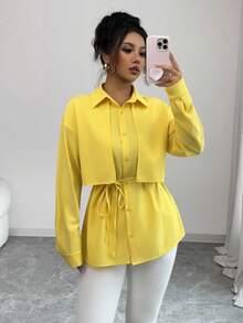 Elenzga Women's Yellow Drop Shoulder Long Sleeve Single-Breasted Casual Shirt - Yellow - View 5
