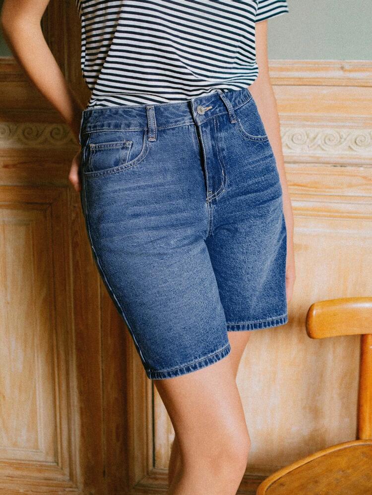 Women Casual Vintage High Waisted Straight Cut Blue Cotton Denim Shorts With Pockets Going Out Autumn Winter