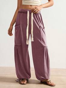 Bohemela Boho Solid Color Knit Loose Women's Pants, Casual Holiday