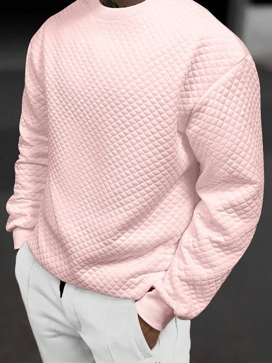 Manfinity Homme 男士休闲纯色纹理圆领卫衣，秋季粉色长袖衬衫，男士S码服装，粉色上衣，男士上衣 - 粉色 - 查看 1