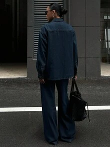 DAZY 女士休闲口袋衬衫和阔腿牛仔裤套装，秋季 - 藍色 - 查看 2