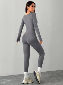 SHEIN PETITE 黑色针织方领紧身休闲运动瑜伽连体裤 - 灰色 - 查看 2