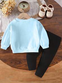 Bộ 2 món/Bộ đồ cho bé gái dễ thương thường ngày hình thỏ Lulu, in chữ, áo nỉ dài tay cổ tròn màu xanh dương và quần legging, trang phục thu/đông, thoải mái, kiểu dáng nhiều lớp, phù hợp cho bé gái, phong cách trẻ trung thời trang - Nhiều màu - Xem 2